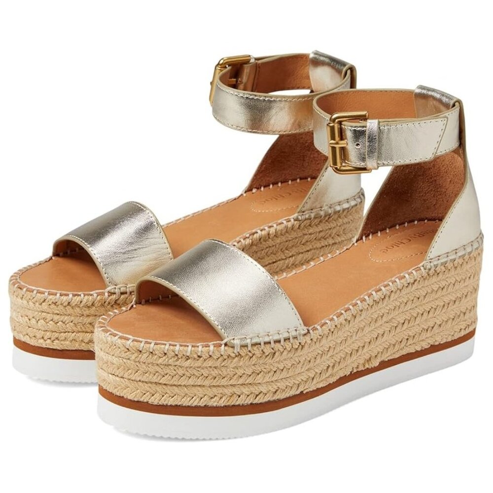 See By Chloe Metallic Gold Leather Espadrille Wedge Sandals Womens Size eu42